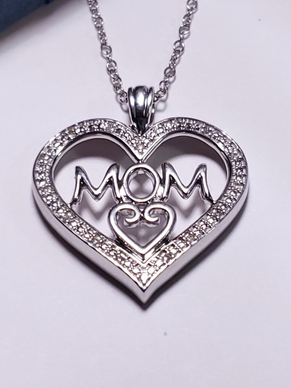 Estate .06ctw Natural Diamond "MOM" Open Heart Sterling Silver 18" Necklace24784